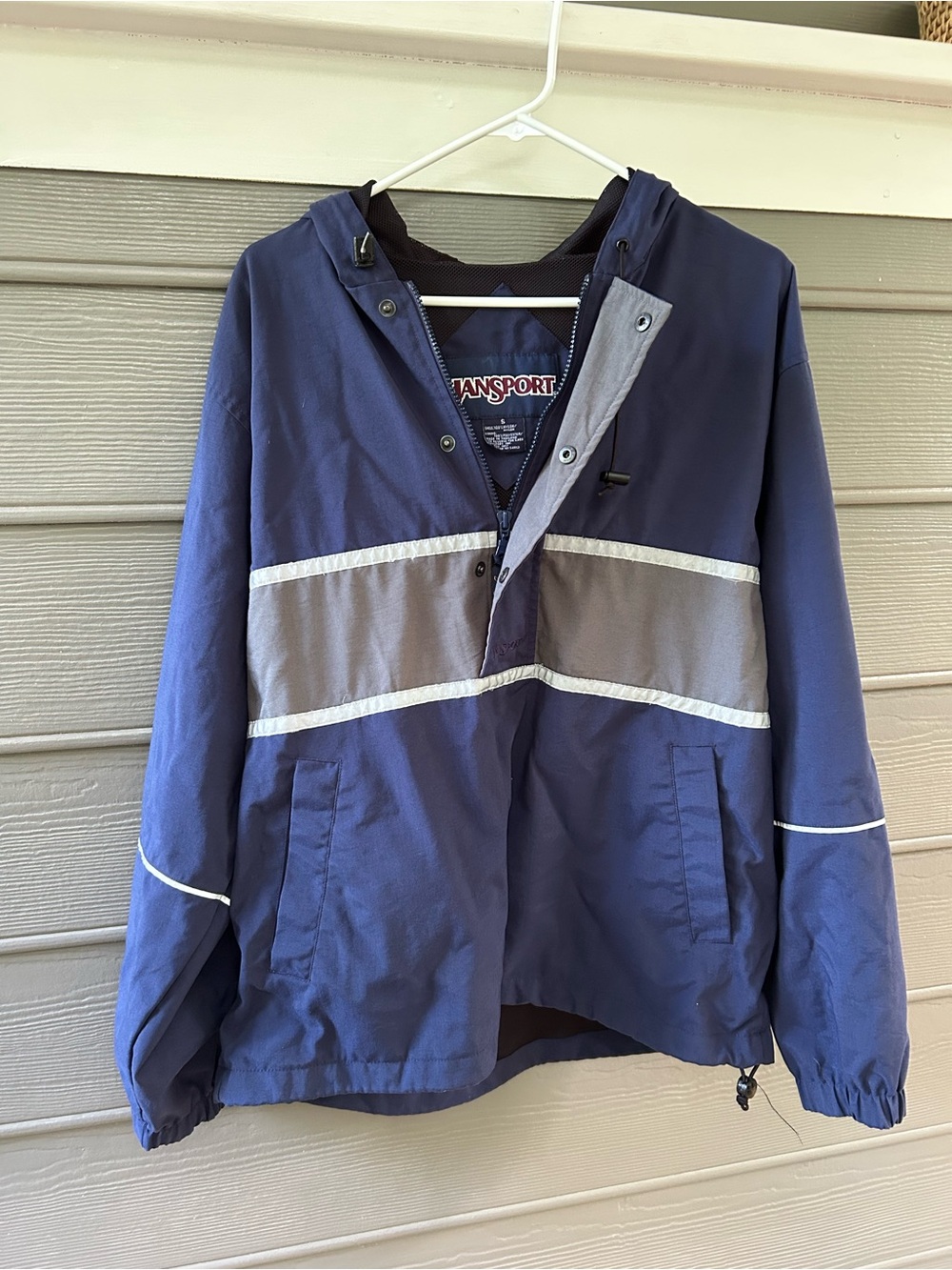 Vintage Y2K JanSport Colorblock Hooded Windbreaker Jacket Navy Gray Size Small